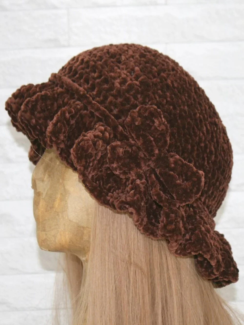 HAND CRAFTED Hat Crochet Bucket Chenille Winter Full Ruffle Brown Wide Brim